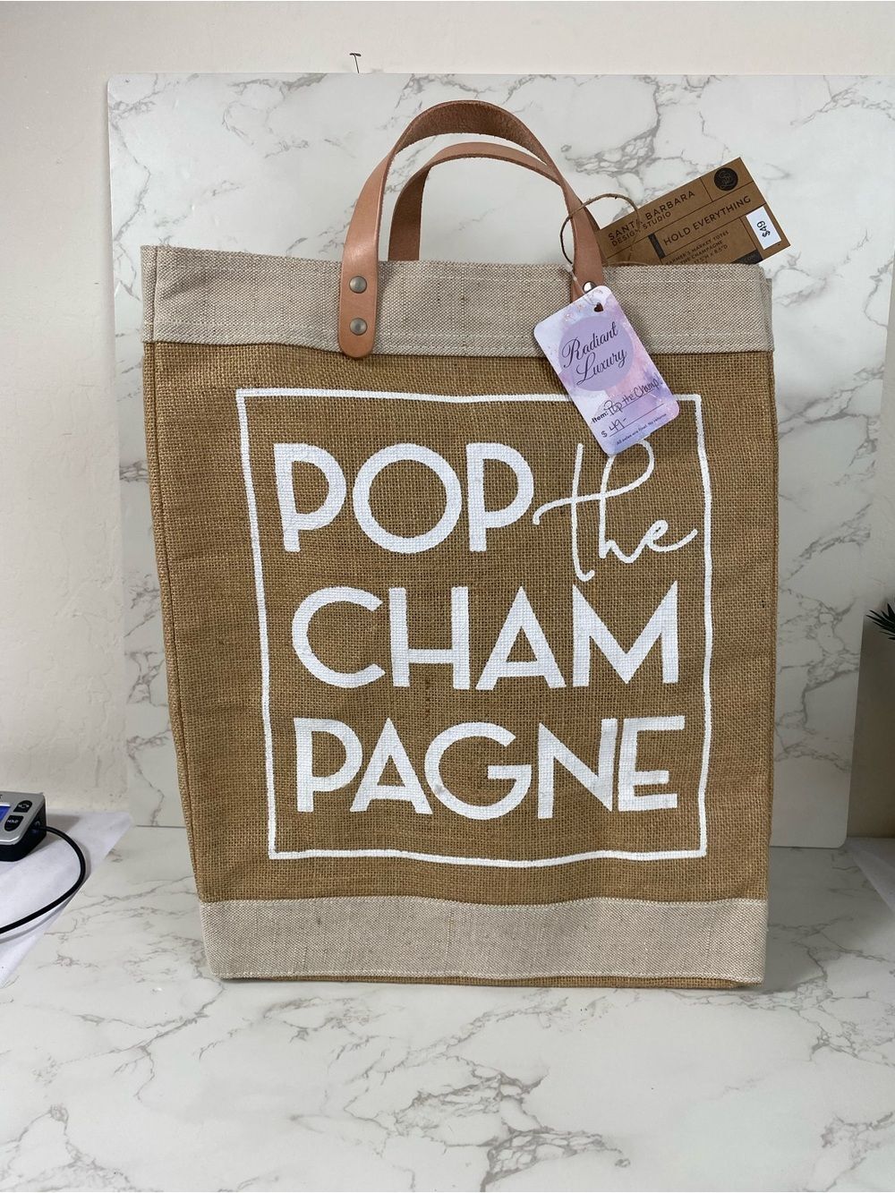 Pop The Champagne Burlap Tote Bag with Leather Handles